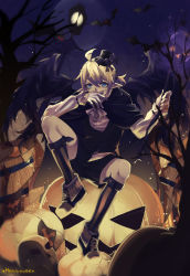 Rule 34 | 1boy, ahoge, barrel, bat (animal), bat wings, blonde hair, covering own mouth, full body, gloves, hair tie, halloween, hand over own mouth, hat, highres, jack-o&#039;-lantern, kagamine len, kneehighs, lamppost, luza (moeluw), male focus, mini hat, mini top hat, moon, night, night sky, ponytail, pumpkin, scepter, shoes, short shorts, shorts, sitting, skull, sky, sneakers, socks, solo, stitches, top hat, vocaloid, white gloves, wings
