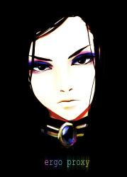Rule 34 | 1girl, bad id, bad pixiv id, black background, black eyes, black hair, brooch, closed mouth, copyright name, ergo proxy, eyeshadow, highres, jewelry, long hair, looking at viewer, makeup, masami chie, pale skin, portrait, re-l mayer, simple background, solo