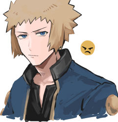Rule 34 | 1boy, black shirt, blonde hair, blue eyes, blue jacket, closed mouth, commentary request, creatures (company), emoji, game freak, jacket, looking at viewer, male focus, nintendo, open clothes, open jacket, pokemon, pokemon dppt, shirt, simple background, solo, spiked hair, tsukumo (shiro bnal), upper body, volkner (pokemon), white background