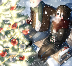 Rule 34 | 1boy, 1girl, absurdres, arms behind back, beanie, bench, bloom225, christmas, christmas ornaments, christmas tree, gift, hat, highres, hot chocolate, jacket, leggings under shorts, scarf, shorts, snow