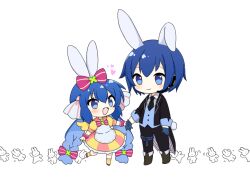 Rule 34 | 1boy, 1girl, 7takada, absurdly long hair, animal ears, belt, black jacket, black necktie, black pants, blue eyes, blue gloves, blue hair, blue vest, boots, bow, bowtie, braid, chibi, collared shirt, dress, gloves, hair bow, hair ribbon, headphones, headset, heart, holding hands, jacket, kaito (vocaloid), kemonomimi mode, long hair, long sleeves, looking at another, looking to the side, low-braided long hair, low-tied long hair, necktie, open mouth, otomachi una, pants, puffy short sleeves, puffy sleeves, rabbit, rabbit ears, red bow, red bowtie, red dress, ribbon, shirt, shoes, short hair, short sleeves, sidelocks, sleeve cuffs, sleeves rolled up, smile, socks, standing, standing on one leg, striped clothes, striped dress, striped shirt, thigh belt, thigh strap, twin braids, twintails, two-tone dress, vertical-striped clothes, vertical-striped shirt, very long hair, vest, vocaloid, white background, yellow dress, yellow socks, yellow wings