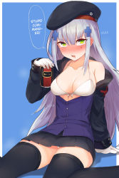 Rule 34 | 1girl, alcohol, arm support, beer, beer can, beret, black hat, black legwear, blue background, blunt bangs, blush, breasts, can, collarbone, commentary, drink can, drooling, drunk, english commentary, facepaint, facial mark, girls&#039; frontline, green eyes, hair ornament, hard-translated, hat, highres, hk416 (girls&#039; frontline), long hair, long sleeves, looking at viewer, medium breasts, mou tama maru, open clothes, open mouth, panties, plaid, plaid skirt, saliva, scar, scar across eye, scar on face, shiny skin, single bare shoulder, sitting, skirt, solo, tears, thighs, third-party edit, translated, underwear, white hair, white panties