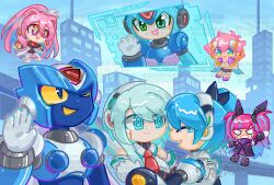 3boys 4girls angepitoyeir armor blue_armor blue_hair blue_helmet chibi colored_sclera droitclair eratoeir_(mega_man_x_dive) forehead_jewel grey_hair helmet highres light_blue_hair ling_67366 long_hair medium_hair mega_man_(series) mega_man_x_(series) mega_man_x_dive multicolored_hair multiple_boys multiple_girls one_eye_closed pink_hair rico_(mega_man) ringed_eyes short_hair side_ponytail single_tear twintails two-tone_hair via_(mega_man) waving x_(mega_man) yellow_sclera