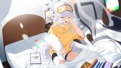 Rule 34 | 1girl, ;o, absurdres, alternate costume, bed frame, bed sheet, black shorts, blanket, blue archive, blush, book, dolphin shorts, grey hair, halo, highres, himari (blue archive), indoors, on bed, one eye closed, photo (object), picture frame, pillow, pointy ears, purple eyes, shirt, shorts, sleepy, solo, tablet pc, tears, waking up, wheelchair, yellow shirt, zanya 000