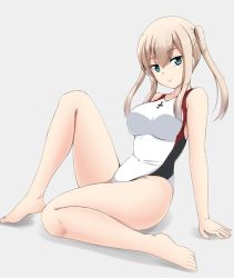 Rule 34 | 10s, 1girl, adapted costume, blonde hair, blue eyes, breasts, collarbone, competition swimsuit, covered navel, cross, feet, full body, fuuma nagi, graf zeppelin (kancolle), grey background, hair between eyes, iron cross, kantai collection, looking at viewer, medium breasts, one-piece swimsuit, shadow, simple background, sitting, solo, swimsuit, twintails, white one-piece swimsuit