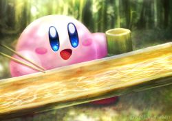 Rule 34 | bamboo, bamboo cup, bamboo forest, blue eyes, blush stickers, chopsticks, food, forest, kirby, kirby (series), kumaoka pon, nagashi soumen, nature, nintendo, noodles, open mouth, smile, sunlight, twitter username