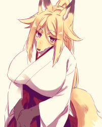 Rule 34 | 1girl, animal ears, animal nose, blonde hair, body fur, breasts, commentary request, copyright request, fox, fox ears, fox girl, fox tail, from above, furry, furry female, hair between eyes, japanese clothes, large breasts, long hair, looking at viewer, miko, ponytail, saigi, simple background, snout, solo, standing, tail, two-tone fur, white fur, yellow background, yellow eyes, yellow fur