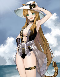 Rule 34 | 1girl, :d, absurdres, animal ears, arknights, arm up, black choker, black gloves, black one-piece swimsuit, blonde hair, blush, breasts, casual one-piece swimsuit, center opening, choker, cleavage, clothes around waist, cloud, cowboy shot, day, ears through headwear, fang, fingerless gloves, gloves, green eyes, highres, holding, jewelry, large breasts, long hair, looking at viewer, necklace, ocean, one-piece swimsuit, open mouth, outdoors, parted bangs, single glove, smile, solo, sunlight, swimsuit, swire (arknights), tail, thigh strap, tiger ears, tiger girl, tiger tail, very long hair, zzq