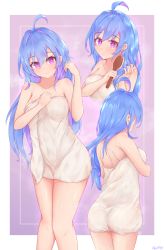 Rule 34 | 1girl, absurdres, ahoge, ass, azur lane, bare shoulders, blue hair, blue nails, border, breasts, collarbone, commentary, english commentary, fingernails, brushing hair, helena (azur lane), highres, holding, holding brush, kyl490, light smile, long fingernails, long hair, looking at viewer, medium breasts, multiple views, nail polish, naked towel, purple background, purple eyes, towel, wet, white border