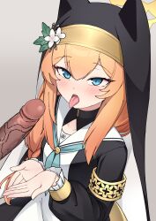 Rule 34 | 1girl, absurdres, animal ear fluff, animal ear headwear, animal ears, blue archive, blue eyes, blush, coif, cupping hands, fake animal ears, flower, habit, hair flower, hair ornament, halo, highres, kenken (keuken), long hair, mari (blue archive), nun, open mouth, orange hair, own hands together, penis, tongue, tongue out, uncensored, white flower, yellow halo