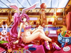 Rule 34 | 1girl, animal ears, arm support, bikini, breasts, rabbit ears, rabbit tail, computer, front-tie top, heart, high heels, highres, hoshi no gen, laptop, long hair, looking at viewer, navel, new year, no nose, open mouth, original, pink eyes, pink hair, pool, shoes, side-tie bikini bottom, sideboob, sitting, solo, stuffed animal, stuffed toy, swimsuit, tail, untied, very long hair