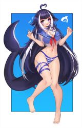 Rule 34 | 1girl, ahoge, animal ears, arm tattoo, belt collar, bikini, black hair, blue collar, blue panties, blush, breasts, cetacean tail, chest tattoo, cleavage, collar, facial tattoo, fangs, fins, fish tail, halterneck, heart, highres, indie virtual youtuber, large breasts, leg tattoo, long hair, looking at viewer, multicolored hair, notte, open mouth, orca girl, panties, purple eyes, sailor collar, see-through, see-through shirt, shirt, shylily, shylily (1st costume), solo, streaked hair, striped clothes, striped panties, swimsuit, tail, tattoo, thigh strap, underwear, virtual youtuber, white hair, white shirt