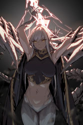 Rule 34 | 1girl, ancient dragon lansseax, aquila-n, armpits, arms up, black shirt, blouse, bottomless, breasts, dragon girl, elden ring, electricity, electrokinesis, highres, holding lightning bolt, horns, large breasts, lightning, long hair, looking at viewer, navel, personification, shirt, slit pupils, solo, tail, very long hair, white hair, yellow eyes