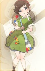 Rule 34 | 1girl, adeleine, bed sheet, beret, black eyes, black socks, blush, brown hair, closed mouth, dress, female focus, flat chest, from above, green dress, hands up, happy, hat, head tilt, highres, holding, idkuroi, kirby (series), knees together feet apart, light blush, looking at viewer, lying, nintendo, nose blush, on back, paint, paintbrush, palette (object), red hat, short hair, short sleeves, smile, socks, solo, splatter, sweat, white background