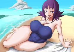 Rule 34 | 1girl, bad id, bad pixiv id, bare shoulders, beach, blue one-piece swimsuit, blue sky, breasts, cameltoe, casual one-piece swimsuit, cleavage, cloud, commentary request, covered navel, creatures (company), curvy, day, game freak, huge breasts, jewelry, looking at viewer, necklace, nintendo, ocean, one-piece swimsuit, open mouth, outdoors, philena ivy, pokemon, pokemon (anime), purple eyes, purple hair, san chi yunohappa, sand, shiny skin, short hair, sitting, sky, smile, solo, swimsuit, water, wide hips