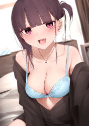 Rule 34 | 1girl, :d, bare shoulders, black hair, black jacket, blue bra, blurry, blurry background, blush, bra, breasts, cleavage, collarbone, commentary request, depth of field, earrings, highres, indoors, jacket, jewelry, kanju, large breasts, long hair, long sleeves, looking at viewer, mole, mole under eye, necklace, off shoulder, one side up, open mouth, original, purple eyes, reaching, reaching towards viewer, selfie, smile, solo, underwear