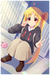 Rule 34 | &gt; &lt;, 1girl, ahoge, backpack, bag, black hoodie, blonde hair, blush, bocchi the rock!, boots, braid, brown footwear, brown skirt, closed eyes, closed mouth, collared shirt, commentary request, drawstring, dress shirt, gotoh hitori, gotoh hitori (octopus), highres, hood, hood down, hoodie, ijichi nijika, long sleeves, looking at viewer, outstretched arm, parted bangs, puffy long sleeves, puffy sleeves, red eyes, shirt, side ponytail, sidelocks, skirt, smile, solo focus, squatting, v, white shirt, x-6