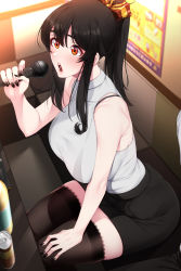 Rule 34 | 1girl, absurdres, akchu, alcohol, bare arms, bare shoulders, beer can, black hair, black nails, black skirt, black thighhighs, blush, bra strap, breasts, brown eyes, can, chobi (akchu), commentary request, drink can, from above, grey shirt, hair between eyes, hair ribbon, hand on own thigh, high ponytail, highres, holding, holding microphone, karaoke, large breasts, long hair, microphone, miniskirt, music, nail polish, open mouth, original, poster (object), ribbon, shirt, sidelocks, singing, sitting, skirt, sleeveless, sleeveless shirt, solo focus, table, thighhighs, thighs