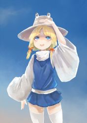 Rule 34 | 1girl, arm up, bad id, bad twitter id, blonde hair, blue background, blue eyes, gradient background, hair ornament, hair ribbon, hat, long sleeves, looking up, moriya suwako, open mouth, pokan (xz1128), ribbon, shirt, short hair, simple background, skirt, skirt set, solo, thighhighs, touhou, turtleneck, vest, white thighhighs, wide sleeves, zettai ryouiki