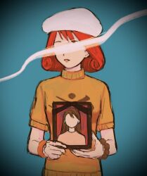Rule 34 | 1girl, ace attorney, beret, bracelet, capcom, hat, holding, holding photo, iei, ini miney, jewelry, mimi miney, open mouth, orange lips, phoenix wright: ace attorney - justice for all, photo (object), portrait (object), red hair, renshu usodayo, short sleeves, simple background, smoke, solo, sweater, white hat, yellow sweater