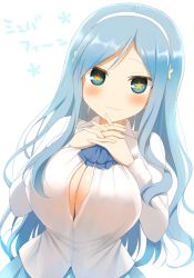 Rule 34 | + +, 10s, 1girl, :3, blue eyes, blue hair, blush, breasts, bursting breasts, cleavage, cleavage cutout, clothing cutout, female focus, hairband, himouto! umaru-chan, kujiran, large breasts, long hair, looking at viewer, matching hair/eyes, simple background, smile, solo, star-shaped pupils, star (symbol), symbol-shaped pupils, tachibana sylphynford, very long hair