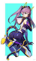 1girl ass cat_mask duel_monster fake_tail gloves headgear highres hood i:p_masquerena long_hair looking_at_viewer mask mechanical_tail multicolored_pants pants purple_eyes purple_gloves purple_hair purple_pants sidelocks smile solo tail tight_clothes tight_pants twintails yu-gi-oh! yukleeeee