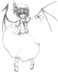 Rule 34 | 1girl, bat wings, dress, female focus, greyscale, hat, looking at viewer, mob cap, monochrome, puffy short sleeves, puffy sleeves, remilia scarlet, short hair, short sleeves, simple background, solo, touhou, vampire, white background, wings, zaki (artist)