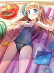 Rule 34 | 1girl, :o, arm up, armpits, blue eyes, blue one-piece swimsuit, blunt bangs, blush, breasts, brown hair, covered navel, food, from above, fruit, hair ornament, hairclip, holding, inflatable raft, jin young-in, long hair, looking at viewer, lotion, lying, name tag, on back, one-piece swimsuit, original, rubber duck, school swimsuit, seashell, shade, shell, small breasts, solo, sunscreen, swimsuit, towel, washbowl, watermelon, wet