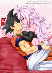 Rule 34 | 1boy, 1girl, android 21, artist name, bare shoulders, black hair, black tube top, blush, bracelet, breasts, cheating (relationship), cleavage, colored skin, commission, dougi, dragon ball, dragon ball fighterz, earrings, food, hetero, jewelry, light purple hair, long hair, majin android 21, pink skin, pocky, pocky kiss, rud-k, shared food, simple background, son goku, strapless, sweat, tail, tube top, tube top