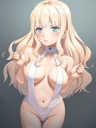 Rule 34 | aqua eyes, blonde hair, blunt bangs, blush, breasts, collarbone, commentary request, gradient background, grey background, highres, large breasts, long hair, looking at viewer, meow (nekodenki), navel, one-piece swimsuit, open mouth, original, slingshot swimsuit, swimsuit, thigh gap, thighs, white one-piece swimsuit