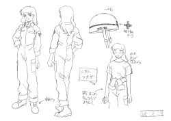 Rule 34 | 1girl, absurdres, character sheet, from behind, greyscale, hand on own hip, highres, monochrome, multiple views, neon genesis evangelion, official art, production art, retro artstyle, sadamoto yoshiyuki, simple background, turnaround, white background, zip available
