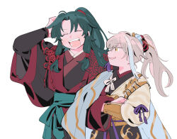 Rule 34 | 2boys, archer (fate/samurai remnant), arm guards, black robe, blonde hair, chinese clothes, chinese hairpin, closed eyes, crossed arms, fate/samurai remnant, fate (series), green hair, hair ornament, hanfu, high ponytail, layered clothes, low-tied sidelocks, multicolored hair, multiple boys, oneroom-disco, red robe, robe, sidelocks, smile, streaked hair, tassel, tassel hair ornament, white background, white hair, yellow eyes, zheng chenggong (fate)