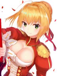 Rule 34 | 10s, 1girl, ahoge, blonde hair, breasts, cleavage, commentary request, dress, epaulettes, fate/extra, fate/grand order, fate (series), green eyes, hair intakes, medium breasts, nero claudius (fate), nero claudius (fate) (all), nero claudius (fate/extra), red dress, reuri (tjux4555), short hair, solo, sword, weapon