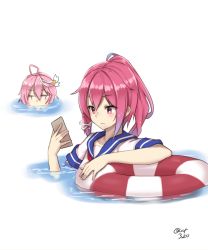 Rule 34 | 10s, 2girls, afloat, ahoge, cellphone, floating, gradient hair, hair ribbon, hayabusa, highres, i-168 (kancolle), i-58 (kancolle), in water, innertube, jitome, kantai collection, lifebuoy, long hair, looking at another, multicolored hair, multiple girls, one-piece swimsuit, partially submerged, phone, pink hair, ponytail, red hair, ribbon, ripples, school swimsuit, school uniform, serafuku, serious, signature, smartphone, swim ring, swimsuit, swimsuit under clothes, water