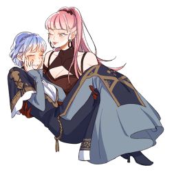 Rule 34 | 2girls, blue hair, blunt bangs, braid, breasts, carrying, cleavage, closed eyes, commission, crown braid, dress, earrings, embarrassed, fire emblem, fire emblem: three houses, full body, gloves, hilda valentine goneril, hoop earrings, jewelry, large breasts, long hair, long sleeves, marianne von edmund, matching hair/eyes, multiple girls, nintendo, oakentsun, one eye closed, parted lips, pink eyes, pink hair, ponytail, princess carry, red gloves, simple background, standing, tongue, tongue out, white background, yuri