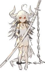 Rule 34 | 1girl, ahoge, bandaged arm, bandages, bare shoulders, barefoot, chain, cuffs, curled horns, dress, full body, hair between eyes, highres, holding, holding sheath, horns, katana, long hair, looking at viewer, original, pointy ears, red eyes, scabbard, see-through, see-through silhouette, sheath, sheathed, simple background, sleeveless, sleeveless dress, solo, standing, sword, very long hair, weapon, white background, white dress, white hair, yuuji (yukimimi)