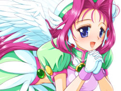 Rule 34 | 1990s (style), 1girl, :d, blue eyes, corrector yui, gloves, hat, kisaragi haruna, long hair, magical girl, obara gaun, open mouth, parted bangs, pink hair, puffy sleeves, retro artstyle, skirt, smile, solo, white background, white gloves, white wings, wings