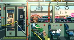 Rule 34 | 1girl, black socks, boots, brown hair, building, bus, bus interior, cat, closed eyes, cloud, collared shirt, commentary request, grey skirt, highres, long skirt, motor vehicle, original, pleated skirt, revision, shadow, shirt, short hair, short ponytail, short sleeves, sitting, skirt, sleeping, socks, solo, tao (tao15102), twilight, umbrella, vehicle interior, white cat, white shirt, wide shot, window, yellow footwear, yellow umbrella