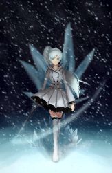 Rule 34 | 1girl, absurdres, blue eyes, boots, coat, contrail, cryokinesis, dress, glowing, glowing sword, glowing weapon, high ponytail, highres, ice, lace, lace-trimmed legwear, lace trim, long hair, night, petticoat, pleated skirt, ponytail, rapier, rwby, side ponytail, skirt, snow, snowing, solo, sword, thigh boots, thighhighs, trench coat, weapon, weiss schnee, white dress, white hair, zellmos