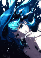 Rule 34 | 1girl, air bubble, artist name, black dress, blue eyes, blue hair, bubble, collarbone, covering own mouth, dress, hatsune miku, looking at viewer, matching hair/eyes, rosuuri, shinkai shoujo (vocaloid), simple background, solo, tears, twintails, underwater, vocaloid