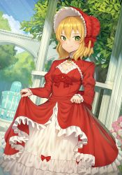 Rule 34 | 1girl, absurdres, blonde hair, blush, bonnet, bow, breasts, closed mouth, collarbone, commentary request, day, dress, flower, fountain, frilled dress, frills, goback, green eyes, hair between eyes, hair bow, highres, idolmaster, idolmaster cinderella girls, juliet sleeves, long sleeves, looking at viewer, outdoors, pink flower, pink rose, puffy sleeves, red bow, red dress, red flower, red headwear, red rose, rose, sakurai momoka, skirt hold, small breasts, smile, solo, standing, water, white flower, white rose