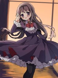 Rule 34 | 1girl, :d, akemi homura, arm at side, black capelet, black dress, black hair, black pantyhose, blush, capelet, collared dress, dot nose, dress, feet out of frame, frilled dress, frilled sleeves, frills, hairband, hand up, highres, long hair, long sleeves, looking at viewer, mahou shoujo madoka magica, mahou shoujo madoka magica: walpurgis no kaiten, neckwear request, open mouth, pantyhose, parted lips, purple eyes, ruru (rurumagi), sidelocks, smile, solo, very long hair