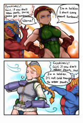 Rule 34 | 1boy, 1girl, 2koma, abs, beret, blonde hair, blue eyes, blue skin, braid, breasts, cammy white, capcom, closed eyes, coat, colored skin, comic, commentary, covered abs, covered erect nipples, english commentary, english text, fingerless gloves, gill (street fighter), gloves, green leotard, groin, hat, hershuar, highleg, highleg leotard, impossible clothes, impossible leotard, leotard, low twin braids, medium breasts, muscular, muscular male, purple gloves, red gloves, red headwear, red skin, street fighter, street fighter v, toned, topless male, twin braids, wind, winter clothes, winter coat