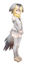 Rule 34 | 10s, 1girl, animal print, bird tail, black hair, blonde hair, campo flicker (kemono friends), full body, glasses, grey skirt, grey thighhighs, head wings, ise (0425), kemono friends, layered sleeves, long sleeves, looking at viewer, multicolored hair, own hands together, pince-nez, pleated skirt, print skirt, print sleeves, print thighhighs, shoes, short hair, short over long sleeves, short sleeves, simple background, skirt, smile, solo, standing, tail, thighhighs, two-tone hair, v arms, white background, wings, zettai ryouiki