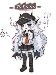 Rule 34 | 1boy, 1girl, anchor symbol, black footwear, black hat, black horns, black skirt, black wings, blue archive, blush, cosplay, doodle sensei (blue archive), e v e neko, flat cap, full body, grey hair, halo, hat, heart, hibiki (kancolle), hibiki (kancolle) (cosplay), highres, hina (blue archive), horns, jewelry, kantai collection, long hair, low wings, neckerchief, open mouth, pleated skirt, purple eyes, red neckerchief, ring, sailor collar, school uniform, sensei (blue archive), serafuku, simple background, skirt, solo, standing, thighhighs, translation request, very long hair, wedding ring, white background, wings