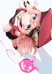 Rule 34 | 1girl, :o, antlers, black bloomers, black bra, bloomers, bra, breasts, cleavage, coin hat ornament, day mello, detached sleeves, from above, full body, genshin impact, green eyes, hair between eyes, hand up, highres, horns, leaning back, long hair, looking at viewer, pink hair, red footwear, red headwear, seelie (genshin impact), small breasts, standing, underwear, white background, white sleeves, yanfei (genshin impact)