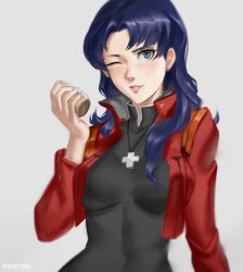 Rule 34 | 1girl, absurdres, artist name, blue eyes, blush, breasts, breasts apart, cross, cross necklace, earrings, grey background, high collar, highres, jacket, jewelry, katsuragi misato, long hair, necklace, neon genesis evangelion, one eye closed, open clothes, purple hair, ragecndy, red jacket, simple background, smile, solo, standing, stud earrings, upper body