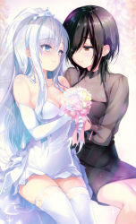 Rule 34 | 2girls, black dress, black hair, black vs white, blue eyes, blush, bouquet, bow, breasts, bridal veil, brown eyes, cleavage, collarbone, commentary request, dress, dress bow, elbow gloves, emily (pure dream), female focus, flower, gloves, hair ornament, hair over one eye, holding, holding bouquet, invisible chair, long hair, long sleeves, looking at another, medium breasts, medium hair, multiple girls, original, see-through, see-through sleeves, short dress, silver hair, sitting, smile, thighhighs, veil, wedding dress, white bow, white dress, white gloves, white legwear, wife and wife, yuri, zettai ryouiki