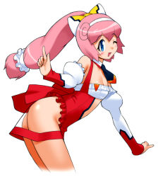 Rule 34 | 1girl, black necktie, blue eyes, bow, cropped legs, detached collar, detached sleeves, erul tron, hair bow, high ponytail, index finger raised, leaning forward, leotard, long hair, necktie, official art, one eye closed, otomedius, pelvic curtain, pink hair, red leotard, revealing clothes, see-through, see-through skirt, simple background, skirt, solo, white background, yoshizaki mine