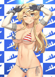 Rule 34 | 1girl, abs, absurdres, american flag bikini, american flag print, armpits, bad id, bad pixiv id, bikini, blonde hair, blue background, blue eyes, breasts, checkered background, closed mouth, collarbone, cowboy shot, elbow gloves, flag print, gloves, highres, iowa (kancolle), kantai collection, large breasts, long hair, looking at viewer, navel, one eye closed, osananajimi neko, print bikini, revision, side-tie bikini bottom, skindentation, smile, sofmap, solo, star-shaped pupils, star (symbol), step and repeat, swimsuit, symbol-shaped pupils, tongue, tongue out, two-tone background, upper body, v, white background